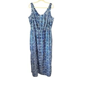 Lane Collection Blue White Geometric Tile Print Tie Back Maxi Dress‎ Womens 1X